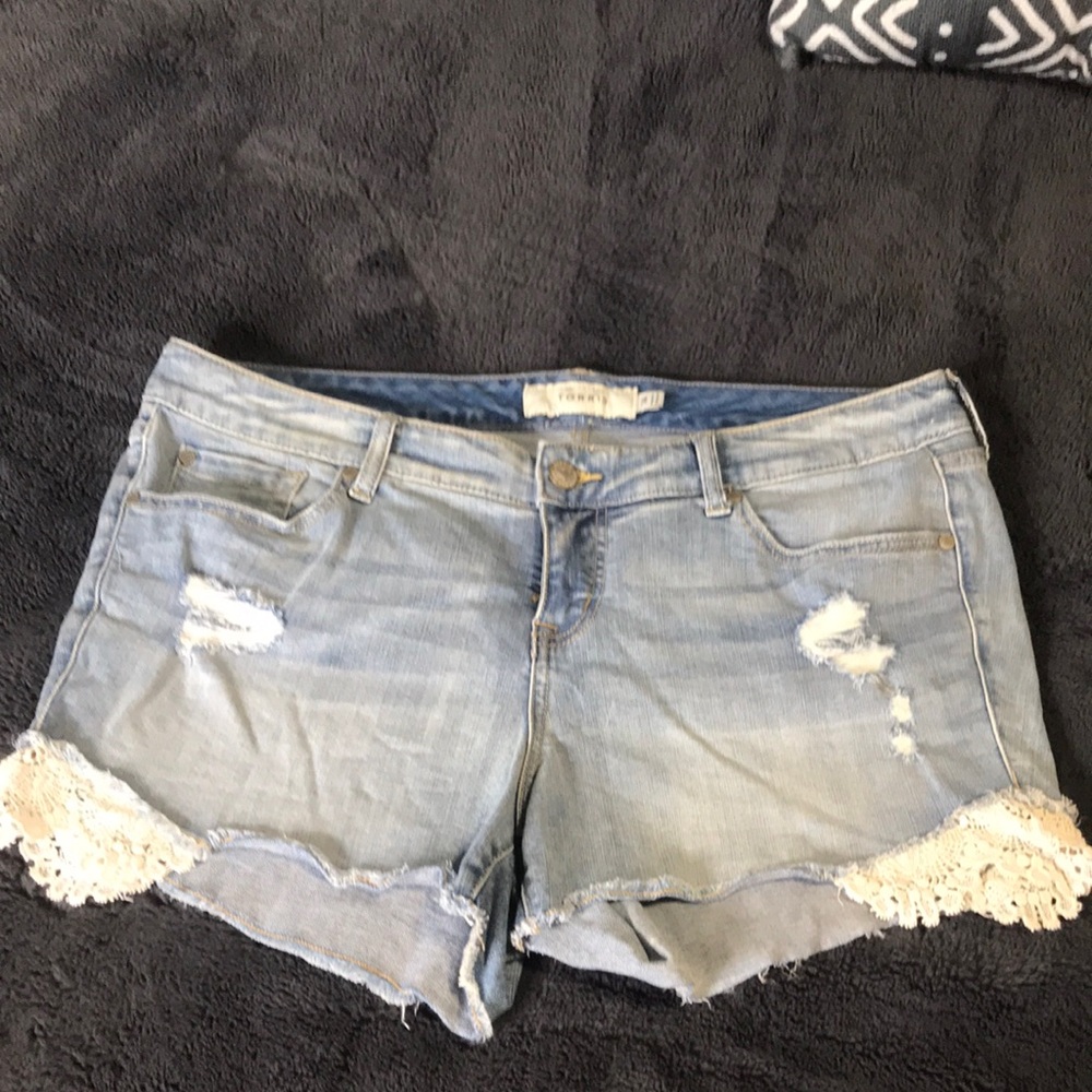 Torrid Light Blue Denim Shorts with Lace Trim